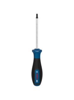 Destornillador Bosch con punta Torx de seguridad TH25 y varilla de 100 mm para ajuste y desajuste de tornillos Torx con pin central.