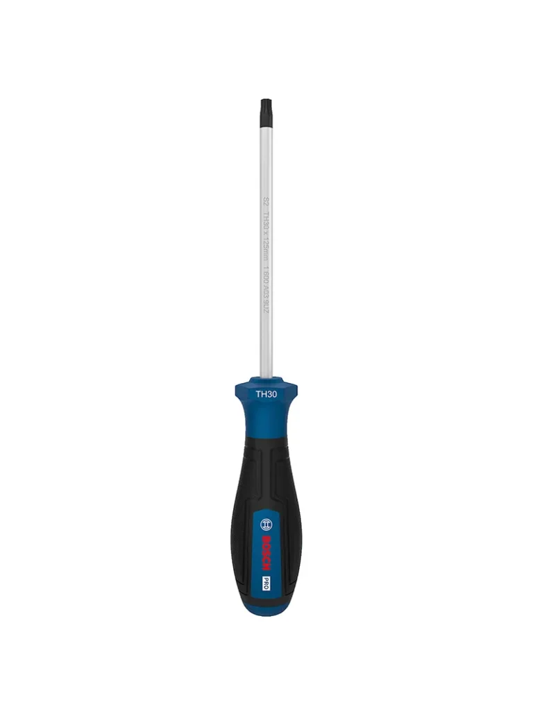 Destornillador Bosch con punta Torx de seguridad TH30 y varilla de 125 mm para ajuste y desajuste de tornillos Torx con pin central.