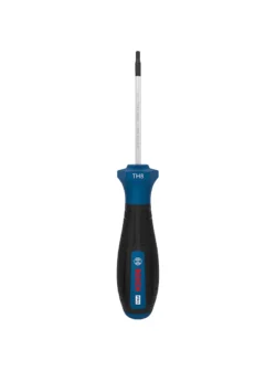 Destornillador Bosch con punta Torx de seguridad TH8 y varilla de 60 mm para ajuste y desajuste de tornillos Torx con pin central.