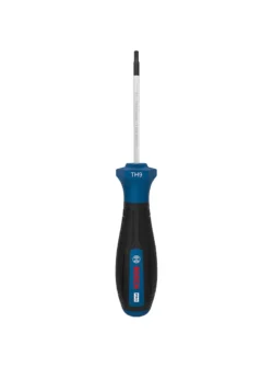 Destornillador Bosch con punta Torx de seguridad TH9 y varilla de 60 mm para ajuste y desajuste de tornillos Torx con pin central.