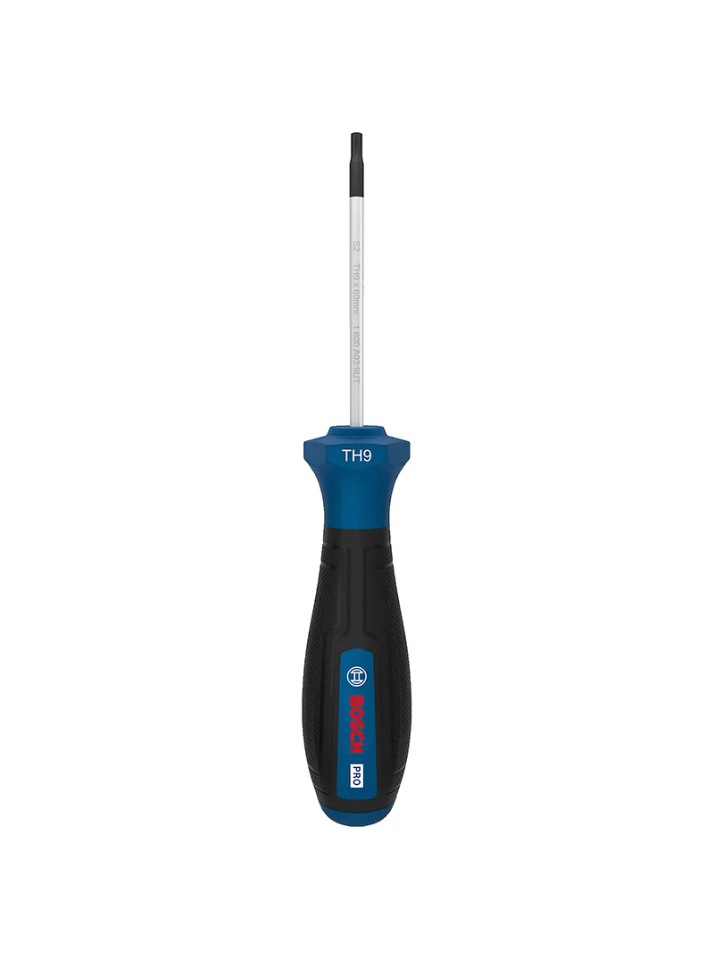 Destornillador punta Torx pin seguridad TH9 x 60 mm Bosch Destornillador Bosch con punta Torx de seguridad TH9 y varilla de 60 mm para ajuste y desajuste de tornillos Torx con pin central.