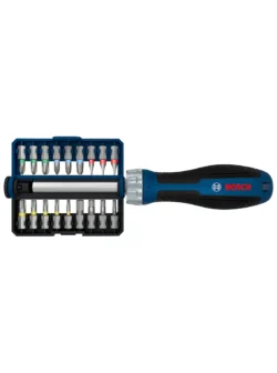 Destornillador Bosch con mecanismo de rachet e incluye 18 puntas intercambiables para trabajos de ajuste y montaje.