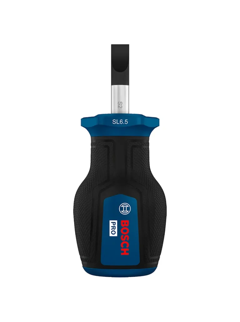 Destornillador tipo tatamaco Bosch con punta plana SL 1.2 x 6.5 mm y longitud de 25 mm para ajuste y desajuste de tornillos ranurados en espacios reducidos.