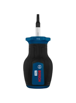 Destornillador tipo tatamaco Bosch con punta Torx TX15 y longitud de 25 mm para ajuste y desajuste de tornillos Torx en espacios reducidos.