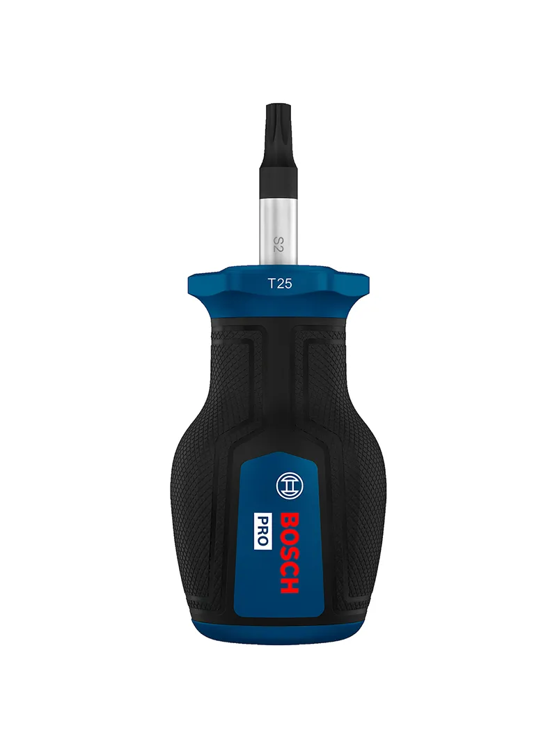 Destornillador tatamaco punta Torx TX25 x 25 mm Bosch Destornillador tipo tatamaco Bosch con punta Torx TX25 y longitud de 25 mm para ajuste y desajuste de tornillos Torx en espacios reducidos.