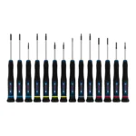 Juego de destornilladores tipo joyero Bosch de 14 piezas con puntas PH, SL, TX, TH y H para trabajos de precisión.