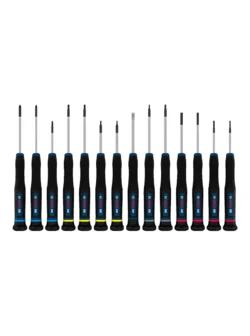 Juego de destornilladores tipo joyero Bosch de 14 piezas con puntas PH, SL, TX, TH y H para trabajos de precisión.
