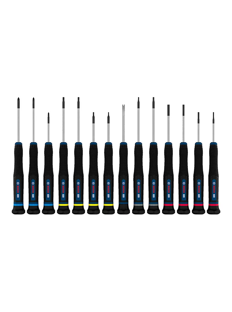 Destornillador tipo joyero PH - SL - TX - TH - H 14 piezas Bosch Juego de destornilladores tipo joyero Bosch de 14 piezas con puntas PH, SL, TX, TH y H para trabajos de precisión.