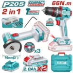 combo TOTAL TOOLS UTCKLI20255 con mini pulidora de 3 pulgadas y taladro inalambrico percutor de 66 Nm