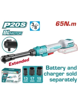 Ratchet inalámbrico TOTAL 20V con motor Brushless, cuadrante 3/8" y torque de 65 Nm.