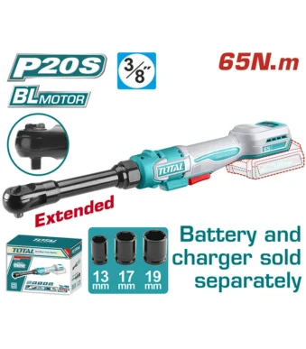 Ratchet inalámbrico TOTAL 20V con motor Brushless, cuadrante 3/8" y torque de 65 Nm.