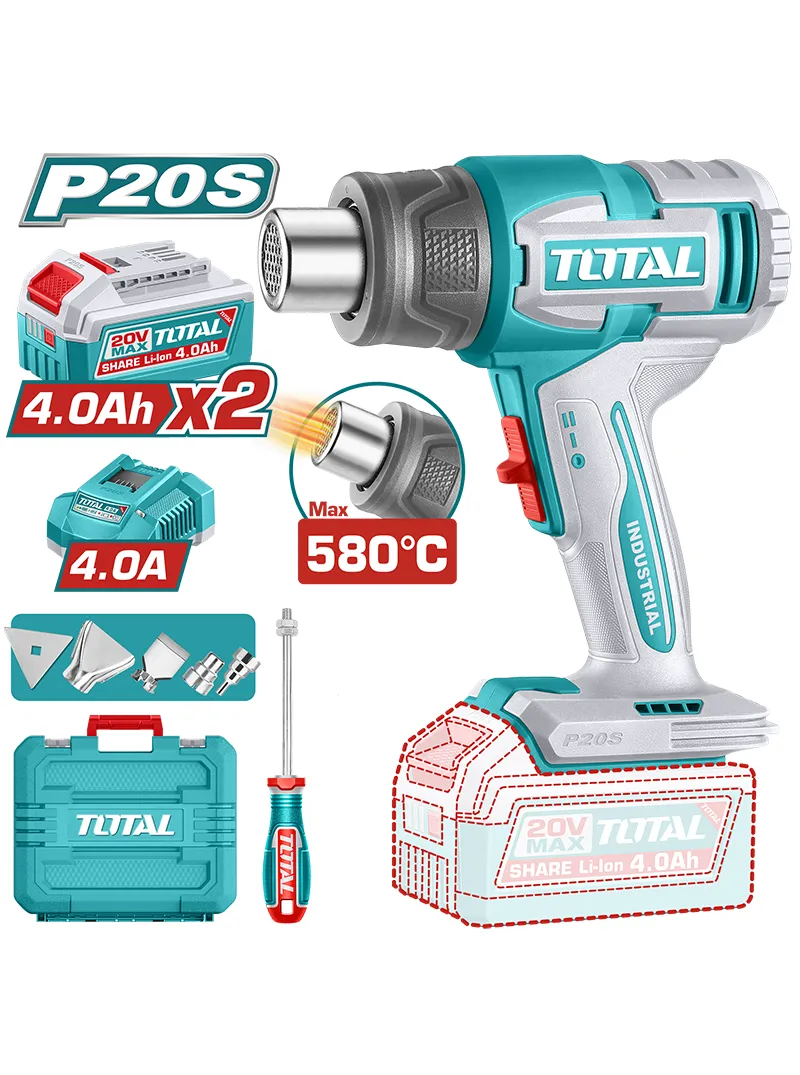 Pistola de calor 20V con control de temperatura variable Pistola de calor 20V con boquillas intercambiables para aplicaciones de calor dirigidas.