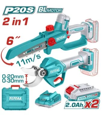 Combo TOTAL 20V con sierra podadora de 6” y tijera de poda inalámbrica.