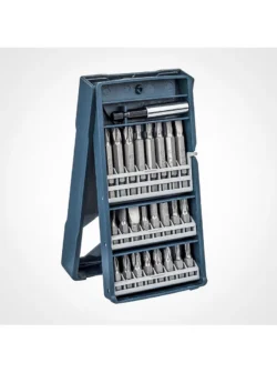 set BOSCH de 25 piezas puntas y extensor con estuche abierto mostrando el contenido