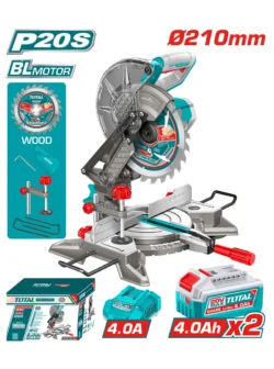 Ingleteadora inalámbrica TOTAL 20V con disco de 210 mm para cortes de precisión.