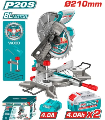 Ingleteadora inalámbrica TOTAL 20V con disco de 210 mm para cortes de precisión.