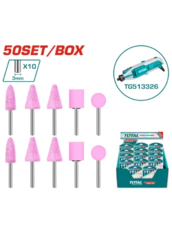 Set de accesorios para mini mototool Total Tools con puntas abrasivas de eje de 3 mm.