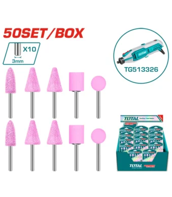 Set de accesorios para mini mototool Total Tools con puntas abrasivas de eje de 3 mm.