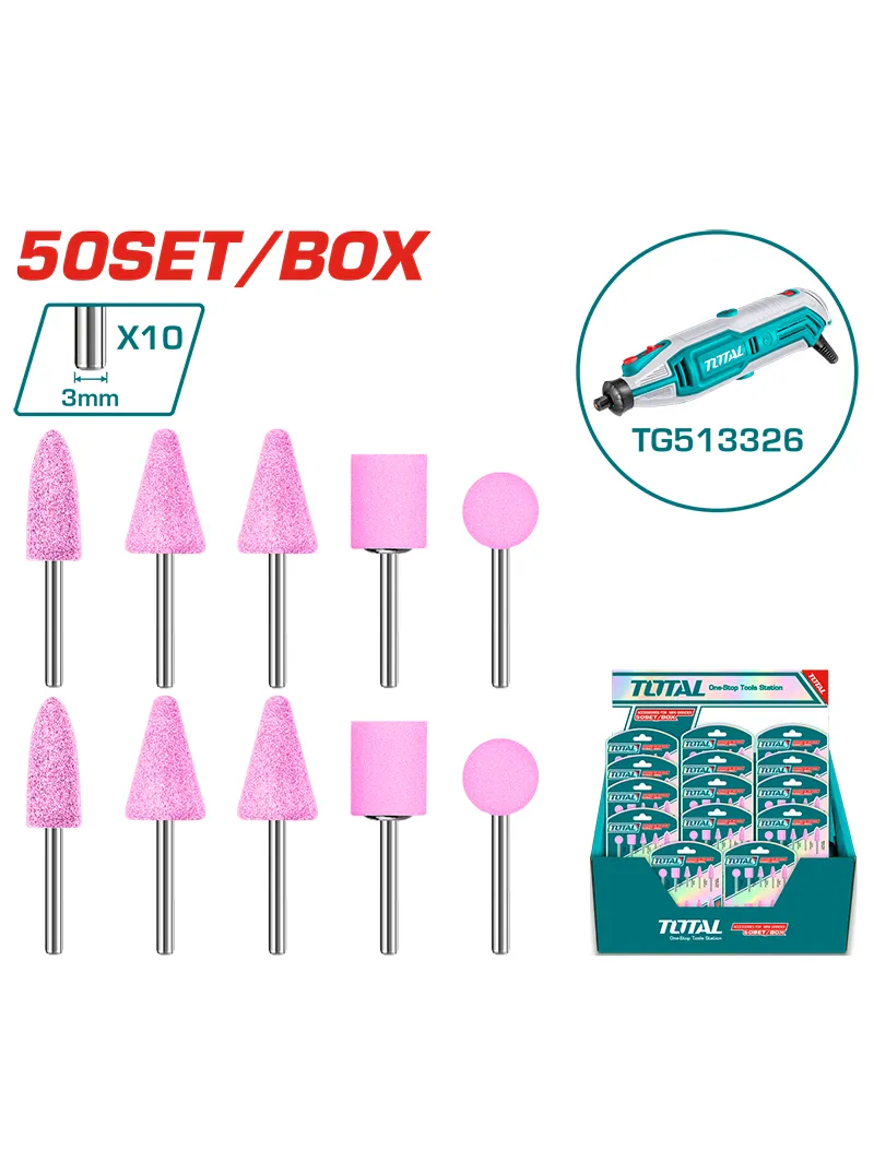 Set de accesorios para mini mototool eje 3 mm Total Set de accesorios para mini mototool Total Tools con puntas abrasivas de eje de 3 mm.