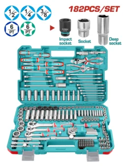 Juego de herramientas Total Tools de 216 piezas con dados, llaves, puntas y trinquetes.