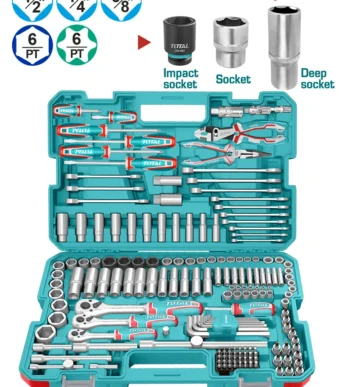 Juego de herramientas Total Tools de 216 piezas con dados, llaves, puntas y trinquetes.