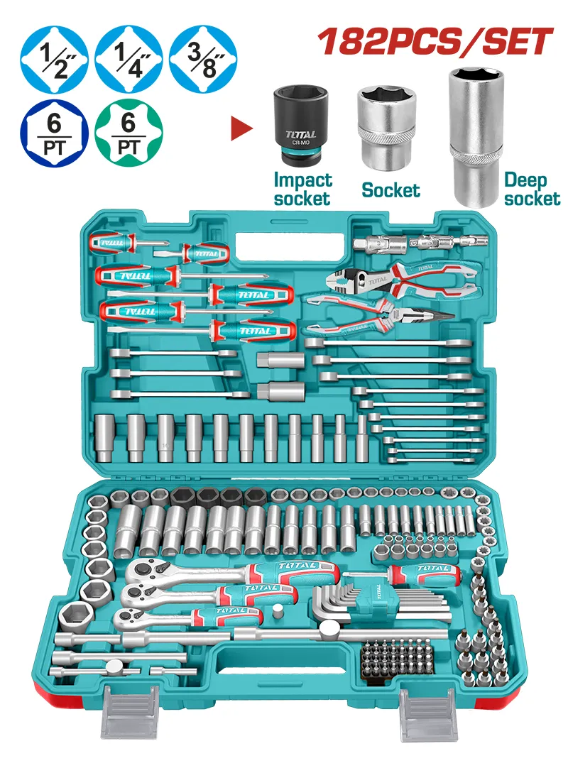 Set de herramientas 216 piezas con dados y llaves Total Juego de herramientas Total Tools de 216 piezas con dados, llaves, puntas y trinquetes.