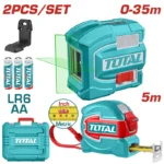 Kit Total Tools con nivel láser autonivelante verde, cinta métrica de 5 metros y accesorios.