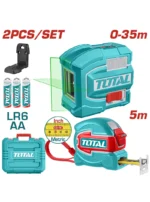 Kit Total Tools con nivel láser autonivelante verde, cinta métrica de 5 metros y accesorios.