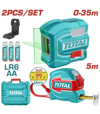 Kit Total Tools con nivel láser autonivelante verde, cinta métrica de 5 metros y accesorios.