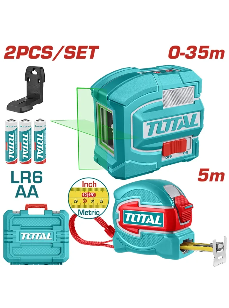 Kit Total Tools con nivel láser autonivelante verde, cinta métrica de 5 metros y accesorios.