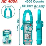 Pinza amperimétrica digital True RMS de 4000 cuentas para mediciones eléctricas profesionales.