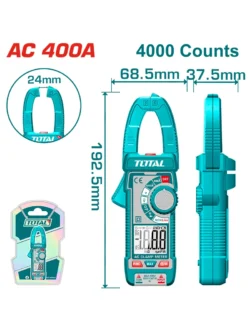 Pinza amperimétrica digital True RMS de 4000 cuentas para mediciones eléctricas profesionales.