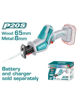 Sierra sable recíproca inalámbrica TOTAL 20V para corte de madera y metal.