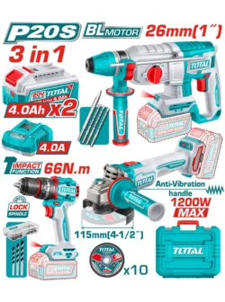 Combo 20V SUPER TOTAL con taladro, pulidora, rotomartillo, baterías y accesorios.