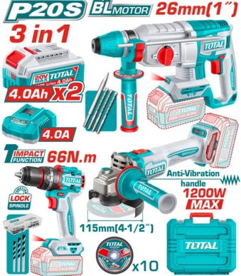 Combo 20V SUPER TOTAL con taladro, pulidora, rotomartillo, baterías y accesorios.
