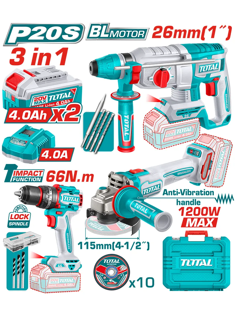 Combo inalámbrico 20V SUPER TOTAL de 3 herramientas Combo 20V SUPER TOTAL con taladro, pulidora, rotomartillo, baterías y accesorios.