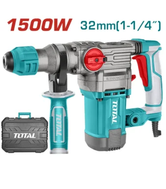 Rotomartillo SDS Plus Total Tools de 1500W con sistema antivibración y accesorios incluidos.