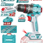 Taladro percutor inalámbrico SUPER TOTAL 20V con torque de 76 Nm y maletín de accesorios.