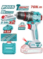 Taladro percutor inalámbrico SUPER TOTAL 20V con torque de 76 Nm y maletín de accesorios.