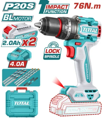 Taladro percutor inalámbrico SUPER TOTAL 20V con torque de 76 Nm y maletín de accesorios.