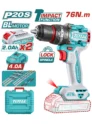 Taladro percutor inalámbrico SUPER TOTAL 20V con torque de 76 Nm y maletín de accesorios.