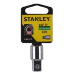Adaptador Stanley para copas de 3/8 a 1/2 pulgada, ideal para convertir el tamaño del encastre en herramientas de mecánica.