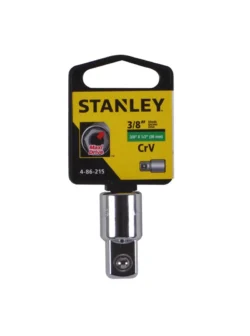 Adaptador Stanley para copas de 3/8 a 1/2 pulgada, ideal para convertir el tamaño del encastre en herramientas de mecánica.