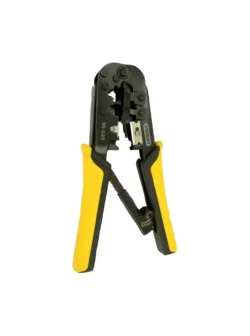Alicate pelacable y ponchadora Stanley 3 en 1 para conectores RJ11 y RJ45, ideal para cortar, pelar y ponchar cables de red y telefonía.