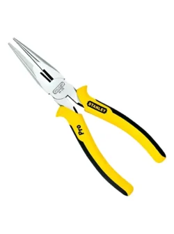 Alicate pinza de punta Stanley de 8 pulgadas con mangos amarillos para sujetar, doblar y manipular alambres y piezas pequeñas con precisión.