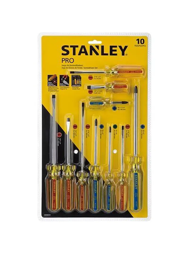 Destornilladores tipo pesado juego 10 piezas Stanley STHT69172 Juego de destornilladores Stanley STHT69172 de 10 piezas tipo pesado para trabajos de ajuste, mantenimiento y reparación.