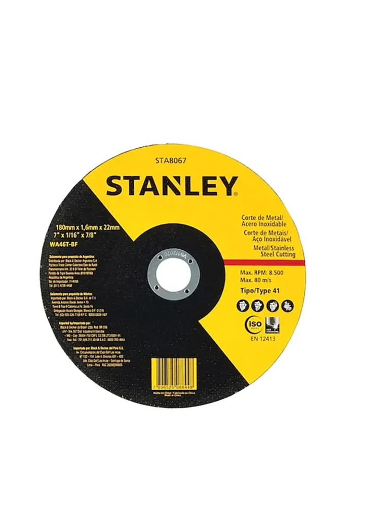 Disco abrasivo de corte para metal Stanley STA8067 tipo 1 de 7 pulgadas x 2 mm para cortes rápidos y precisos en metal.