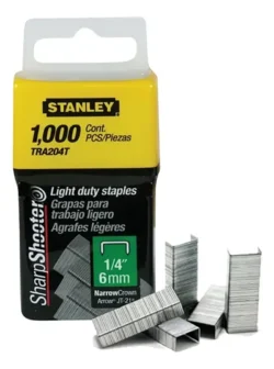 Grapa Stanley TRA204T de 1/4 pulgada para grapadora manual RT-45, ideal para trabajos de fijación en tapicería y bricolaje.