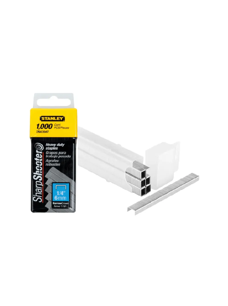 Grapa para grapadora manual TR150/TR250 1/4" Stanley TRA704T Grapa Stanley TRA704T de 1/4 pulgada para grapadoras manuales TR150 y TR250, ideal para trabajos de fijación.
