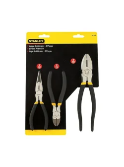 Juego Stanley con alicate de electricista, cortafrío y pinza, ideal para corte, sujeción y trabajos de mantenimiento e instalaciones.